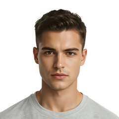 Obraz premium Young Man Poses for a Portrait in a Plain Shirt in Front of a Blank Background in a Studio Setting