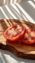 Sliced Tomato on Wooden Cutting Board in Sunlit Kitchen