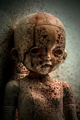 Creepy bloody doll face in the dark