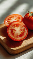 Ripe Tomato Halves on Wooden Cutting Board in Sunlight
