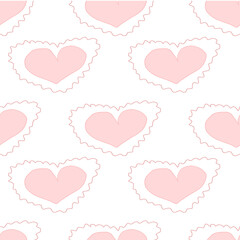A pattern with simple flat pink hearts, with a wavy border around the hearts. Suitable for wallpaper, design, napkins, fabric, shopping bags, and cards.