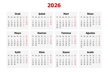 Vector illustration of modern Turkish calendar for year 2026 in Turkey