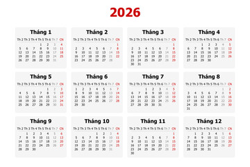 Vector illustration of modern Vietnamese calendar for year 2026 in Vietnam
