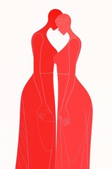 Two women in red dresses are hugging each other