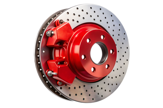 Red brake rotor with caliper on white background isolated on a transparent background silver - Powered by Adobe