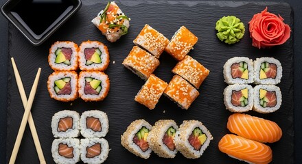 Assortment of fresh colorful sushi rolls nigiri and maki beautifully presented on a dark slate platter with traditional accompaniments like wasabi and ginger