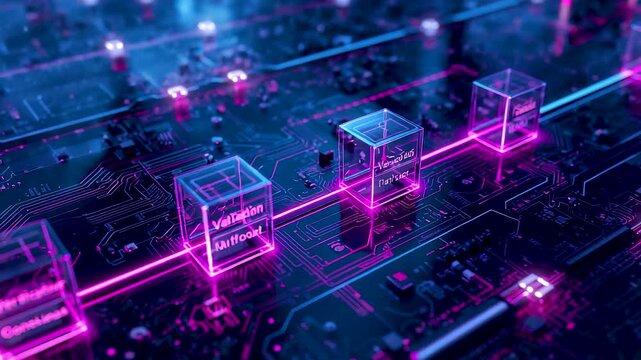 Digital Blockchain Data Blocks Connected Across Glowing Circuit Board Showing Secure Information Processing and Advanced Network Technology