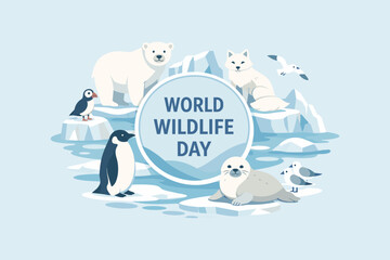 World wildlife day arctic illustration with polar animals and ice landscape. Concept of climate awareness and animal protection