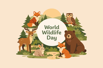 World wildlife day illustration with forest animals in friendly flat style. Educational nature themed composition promoting wildlife protection
