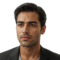 Fototapeta premium Young Adult Male With Short Dark Hair Smiling Against a Plain White Background