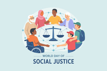 World day of social justice with diverse people around balance scale. Concept of equality, inclusion, and human rights