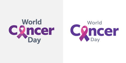 Obraz premium World cancer day typography with pink awareness ribbon and clean layout. Theme of support, prevention, and global health awareness