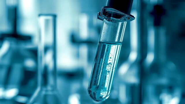 Sterile Glass Test Tube with Blue Liquid Suspended in Modern Laboratory Showing Scientific Research, Medical Testing and Analysis