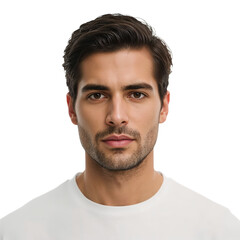 Obraz premium Young Man With Dark Hair and Serious Expression in Plain Shirt on White Background