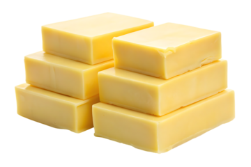 Stack of six yellow cheese cubes on white background isolated on a transparent background dairy