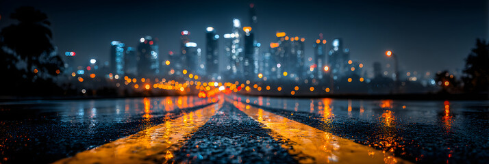 Elegant photo of Reflective asphalt road leading into a illuminated city skyline at night