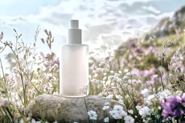 Eco cosmetic bottle in meadow with floral background
