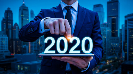Businessperson holding tablet with glowing “2020” digits above cityscape, symbolizing innovation and new beginnings