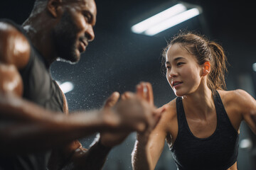 Hispanic personal trainer guiding a Japanese female client through high-intensity interval training in  modern gym. Personal trainer and asian client, healthy lifestyle, modern gym. Cardio fitness, in