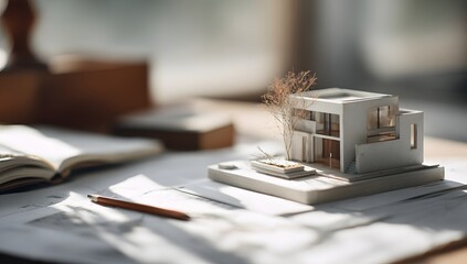 A miniature model of an entire house placed on top of blueprints with a pencil and on a desk