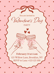 Vintage Valentine's day party invitation template with an elegant, coquette style. Retro vector postcard featuring clinking champagne glasses, done in a doodle style. Frame with bows and ribbons.