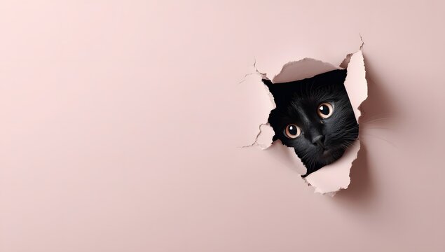 A curious black cat peeks out from a torn hole in a pink colored paper background