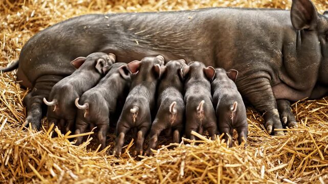 Adorable black piglets nursing from a sow on a bed of hay. Concept of natural instinct and farm life