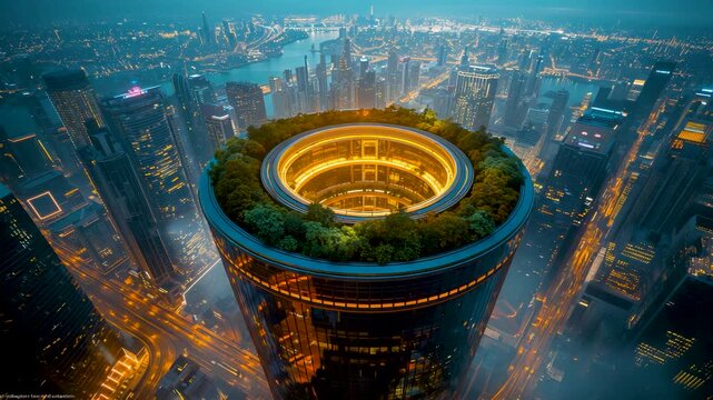 Ultra Modern Circular Skyscraper with Rooftop Garden Overlooking Dense Megacity Skyline at Dusk with Glowing Architecture and Urban Lights