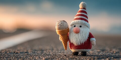 Miniature Santa figurine with ice cream cone on sandy beach at sunset blends Christmas with summer vacation themes for holiday marketing and tropical celebrations