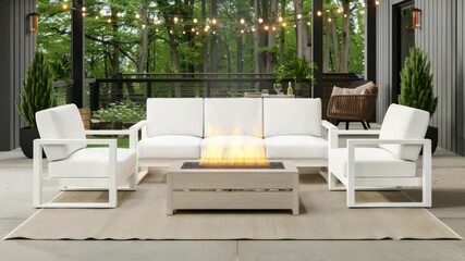 Stylish outdoor seating arrangement with a fire table, perfect for cozy gatherings amid natural surroundings and evening ambiance