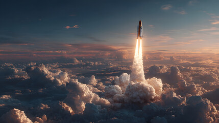 A powerful rocket ascends into the sky leaving a trail of smoke as it breaks through the clouds. This dramatic launch showcases human innovation and the desire to explore beyond Earth.
