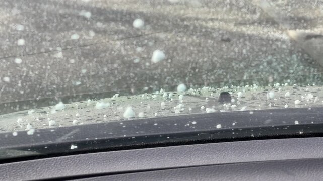 Large white hailstones bouncing on a car dashboard and windshield during a severe summer storm. Ice pellets precipitation seen from inside the vehicle