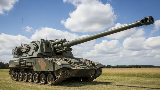 Military Self Propelled Howitzer Tank in an Open Field