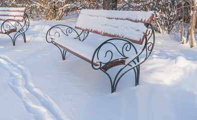 Winter. Benches are covered with heavy snow. A lot of snow. High quality photo