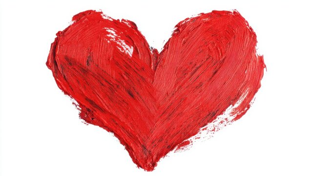 A heart shape is created using red paint on a white background. The strokes are visible and add texture to the design. This artwork conveys strong feelings associated with love.