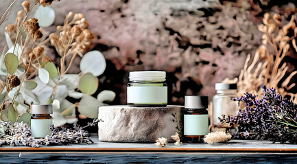 Eco cosmetic bottle in meadow with floral background