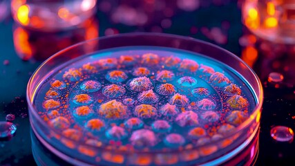 Petri dish filled with cultured microorganisms under laboratory lighting showing active microbiology research cellular growth and medical science analysis