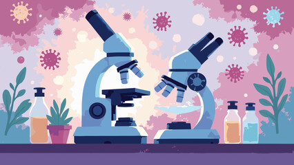 A microscope with a slide. Bacteria shapes floating in the background background. Education vector illustration
