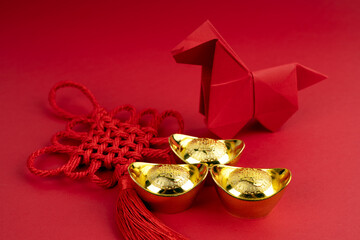 Horse origami and Lunar New Year Decorations 2026 Year of the Horse concepts on red background