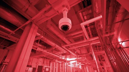 Medium shot of an infrared heat sensor system scanning building infrastructure for rapid temperature variations in fire prevention applications.