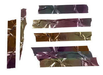 holographic foil sticker strips arranged on a clean white background. The design features iridescent, reflective metallic textures with colorful rainbow gradients, creases, and torn edges.