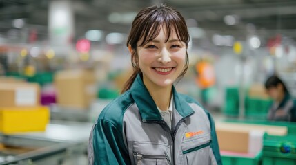 A woman stands in a warehouse wearing work clothes. She smiles as she works among boxes and coworkers. The setting is bright and busy with activity happening around her.