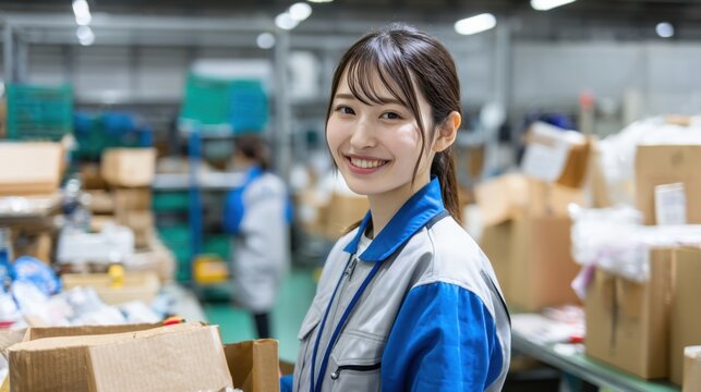 A female worker stands in a warehouse smiling while holding a box. Other workers are busy sorting and organizing goods in the background. The atmosphere is lively and active. - Powered by Adobe