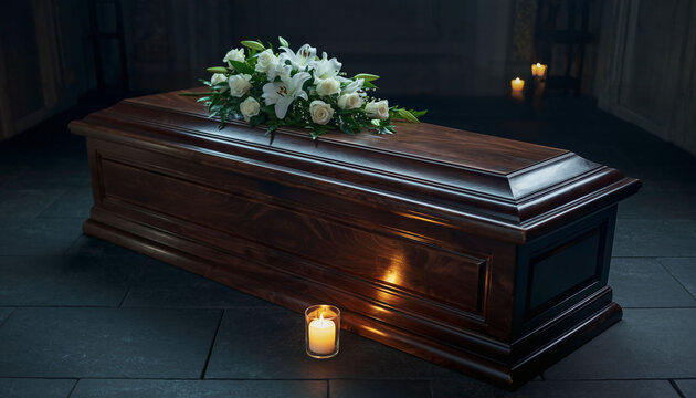 Sargbestattung mit Blumen und Kerzenlicht &ndash; w&uuml;rdiges Abschieds-Concept