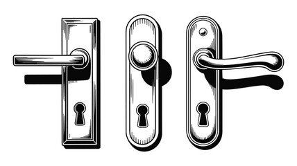 Three different styles of door handles and locks illustrated in black and white home interior