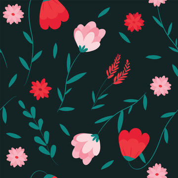 Seamless Dark Floral Vector Pattern with Hand Drawn Flowers and Leaves for Fabric, Wallpaper, Packaging, and Modern Surface Design