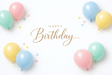 "Elegant Happy Birthday Greeting with Pastel Balloons and Gold Cursive Text on White Background – Soft Celebration Design for Invitations, Cards, and Festive Graphics"