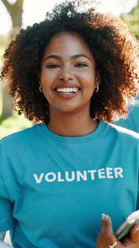 Volunteer, tablet and face of woman in park for outreach program, charity event and community service. Portrait, nature and person on digital tech for ngo website, nonprofit and donation info outdoor