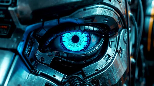 Cybernetic eye embedded in advanced humanoid machine showcasing artificial intelligence perception precision optics and high level robotic awareness systems