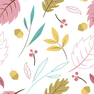 Seamless Botanical Vector Pattern with Hand Drawn Leaves and Berries in Soft Modern Style for Kids, Nursery, Textile and Fabric Prints